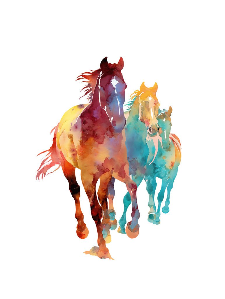 Wild Harmony" by FN Prints is a vibrant watercolor illustration of two horses running side by side on a white background—ideal equestrian wall art for anyone seeking unique and striking animal prints.