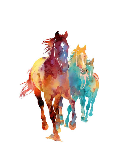 Wild Harmony" by FN Prints is a vibrant watercolor illustration of two horses running side by side on a white background—ideal equestrian wall art for anyone seeking unique and striking animal prints.