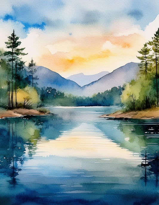 FN Prints' Wilderness Serenity captures a tranquil lake framed by forested hills and majestic mountains. The painting features a soft gradient in the sky, transitioning from blue to orange and reflecting beautifully on the calm water's surface. Tall pine trees stand prominently along the shoreline, making it perfect nature decor for a serene living room.