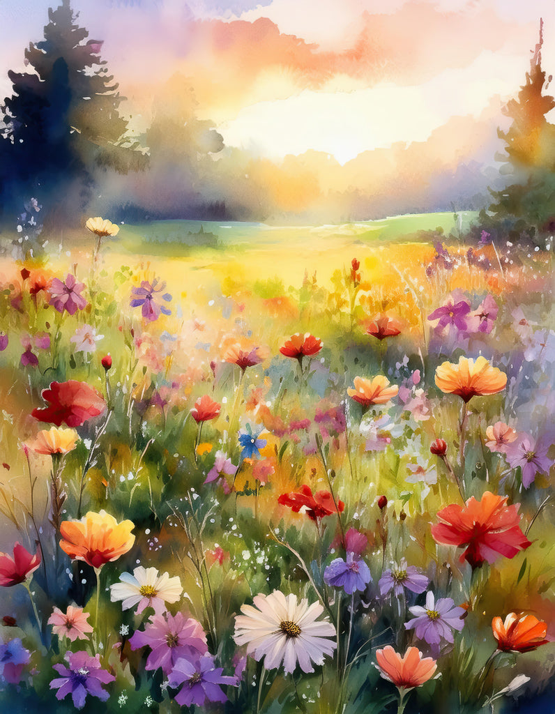 The "Summer Wildflower Meadow" digital watercolour artwork by FN Prints beautifully captures a vibrant, sunlit meadow teeming with a colorful array of wildflowers in full bloom. Red, purple, and white flowers merge seamlessly with tall grass, while the horizon glows with golden light against a hazy, pastel sky—making it an ideal addition to your home decor.