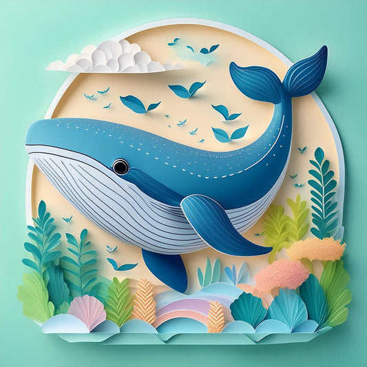 Featuring a vibrant illustration of Wilma the Whale swimming underwater, surrounded by colorful plants, coral, and fish, this captivating digital scene by FN Prints is perfect for child's room decor. Encased in a circular frame against a teal background, the design is enhanced with clouds and waves to add texture.