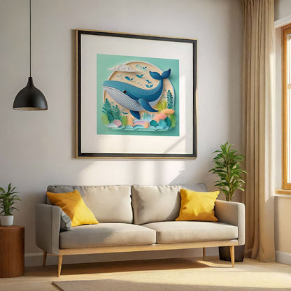 A cozy living room features a beige sofa adorned with yellow pillows. Above the sofa hangs a framed digital artwork titled "Wilma The Whale" by FN Prints, capturing the majesty of a blue whale in an ocean-themed underwater scene. The room is illuminated by a window on the right, with a plant in the corner and a black pendant lamp hanging from the ceiling.