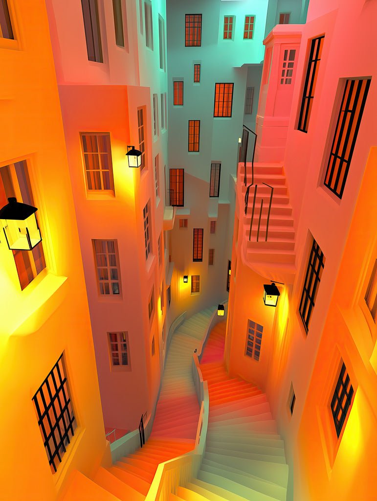 FN Prints' "Windows And Stairs" depicts a narrow, winding staircase between tall, colorful buildings adorned with numerous windows. Hanging lanterns illuminate architectural elements, casting a warm glow against vibrant hues of orange, yellow, and teal in this minimalist artwork.