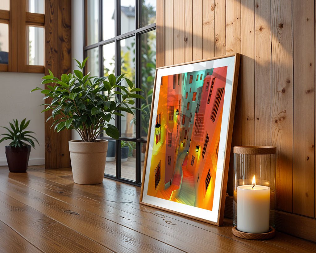 The framed, colorful abstract painting "Windows And Stairs" by FN Prints leans against a wood-paneled wall on the floor. A candle in a glass holder burns nearby, surrounded by potted plants and illuminated by natural light streaming through large windows.