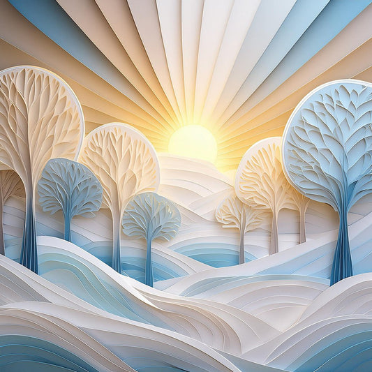 Experience the captivating charm of FN Prints' "Winter Glow," a vibrant digital art illustration showcasing a sun rising over an enchanting, stylized winter wonderland. This serene scene features blue and white trees, layered flowing hills in varying shades of blue and white, all creating a surreal snowy landscape. Rays from the sun extend gracefully from the horizon to the sky, adding to the mesmerizing atmosphere.