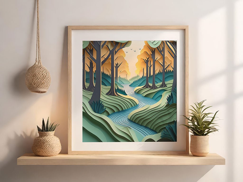 Woodland Harmony by FN Prints is a framed piece of digital art that captures the essence of a forest oasis. It depicts a tranquil retreat featuring tall trees, a winding river, and a colorful sky. This artwork rests on a light-colored shelf, surrounded by potted plants and illuminated by natural light.