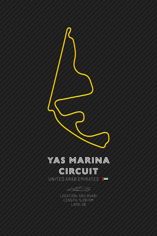 Minimalist art print of the Yas Marina Circuit track layout, featuring the iconic Abu Dhabi F1 race track in yellow on a dark background.