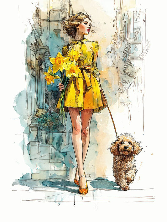 Woman in a yellow dress holding flowers and walking a dog in an urban setting