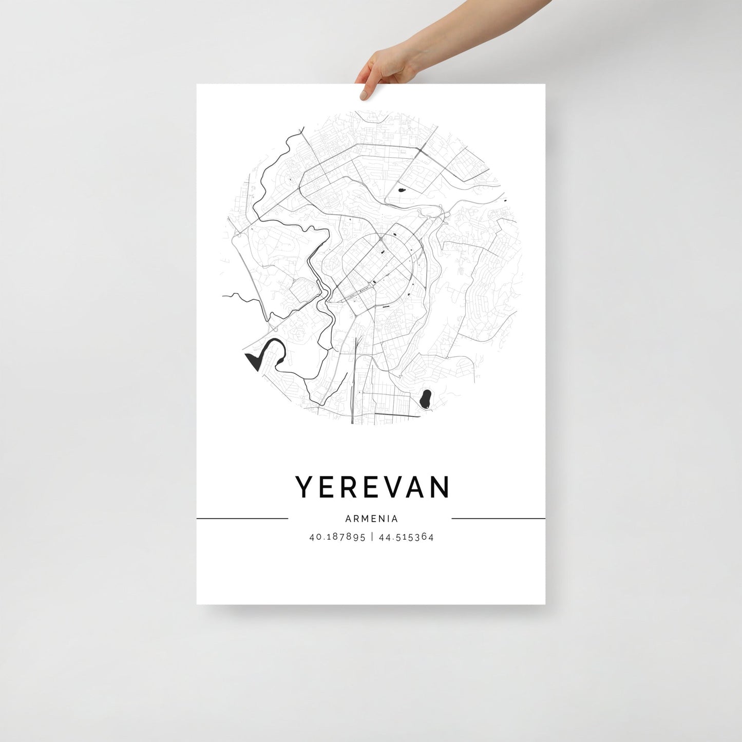 Minimalist black and white street map of Yerevan, Armenia, featuring geographic coordinates and a clean, modern design.