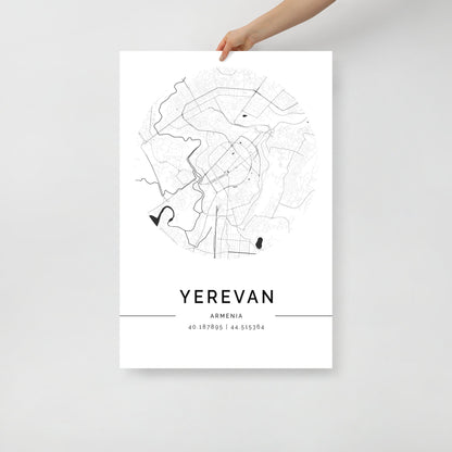 Minimalist black and white street map of Yerevan, Armenia, featuring geographic coordinates and a clean, modern design.