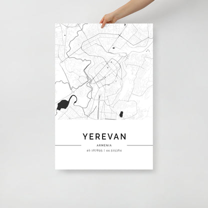 Minimalist black and white street map of Yerevan, Armenia, featuring geographic coordinates and a clean, modern design.