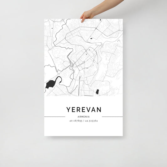 Minimalist black and white street map of Yerevan, Armenia, featuring geographic coordinates and a clean, modern design.