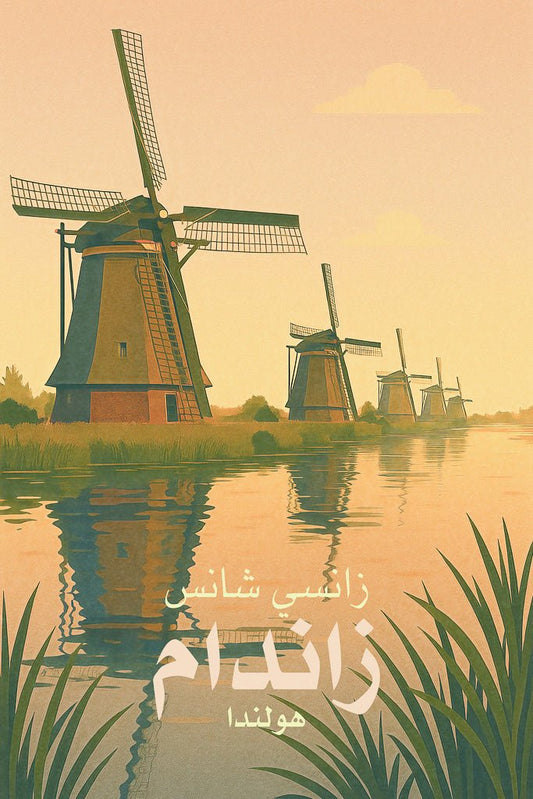 Illustration of Zaanse Schans windmills (زانسي شانس) in the Netherlands, reflected in calm river water at sunset with reeds in the foreground.
