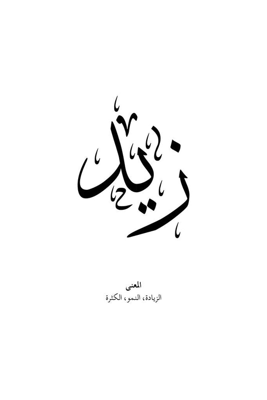 Zaid - زيد" Arabic calligraphy in black on white, featuring the meaning "الزيادة، النمو، الكثرة" (increase, growth, abundance) below. A refined artwork from the FN Prints Arabic Names Collection.