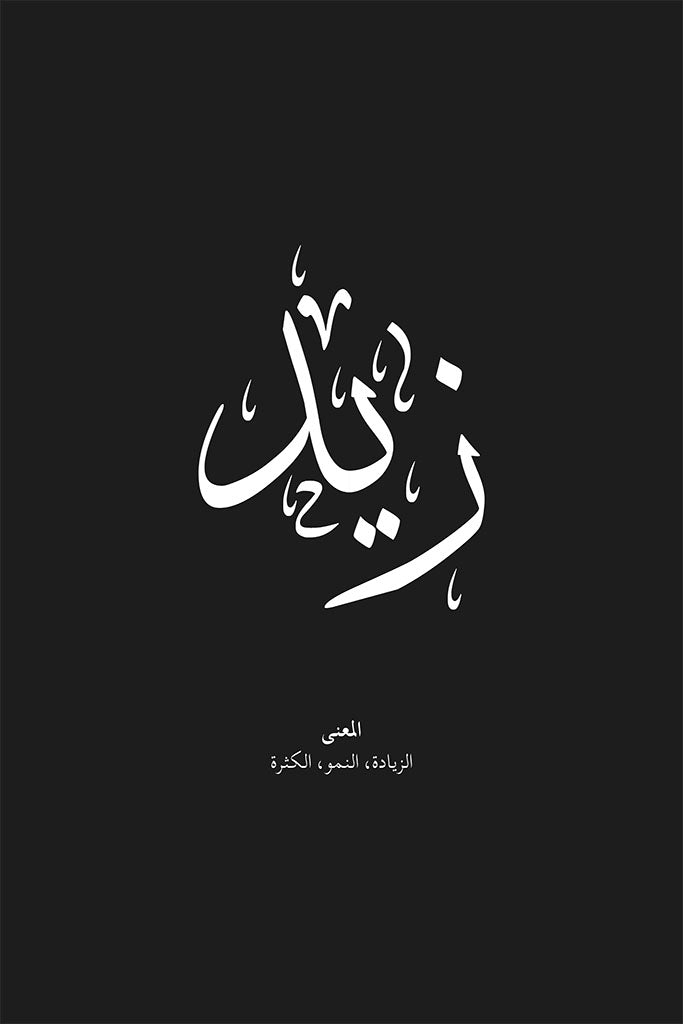 Zaid - زيد by FN Prints features bold white Arabic calligraphy on black, with the definition "المعني الزيادة، النماء، الكثرة" below—a striking piece for any Islamic wall art or Arabic Names Collection.